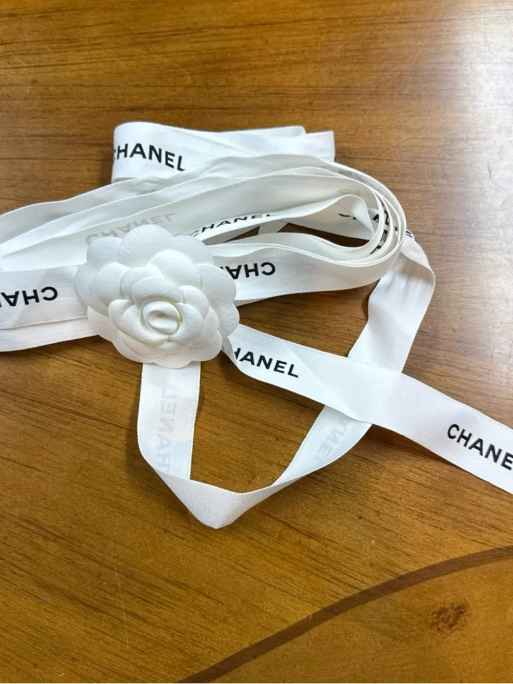 Chanel Gift Wrapping Ribbon 1” W59”L White Black Logo Camellia Flower Tissue